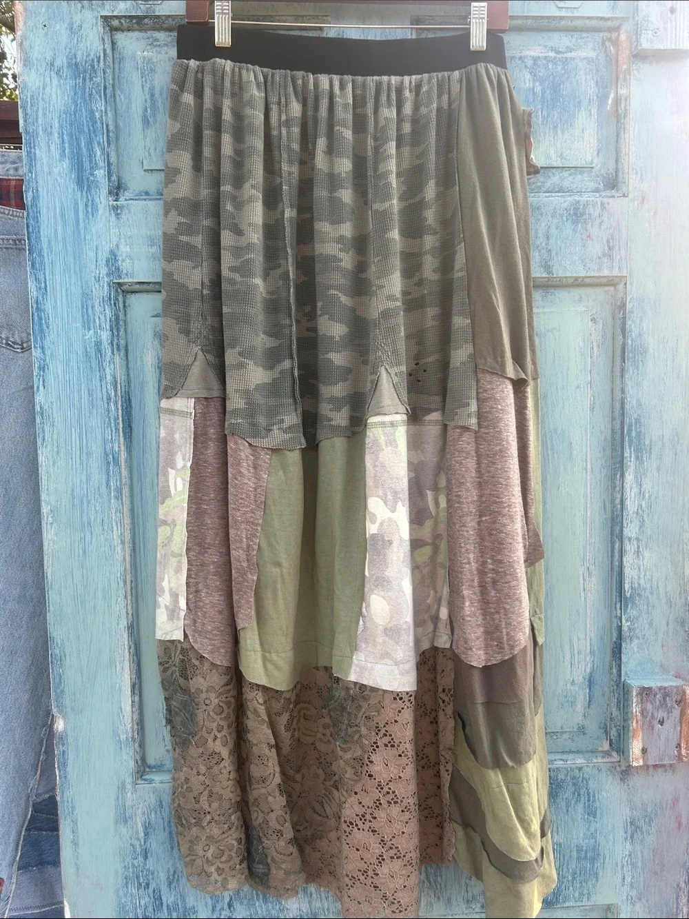 Upcycled camouflage and lace patchwork t shirt maxi skirt